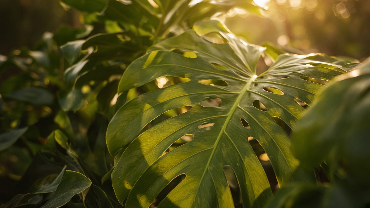 Close-up of green leaves in warm light