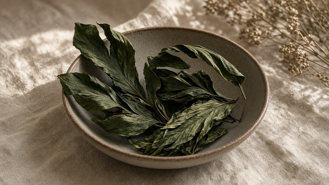Overhead photograph of dried green leaves in a ceramic bowl